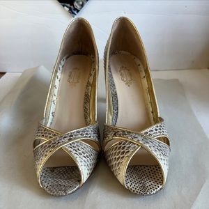 Lulu Guinness Snakeskin Peep Toe Pumps Leather Sole Sz 9.5 2.9” Heel EUC